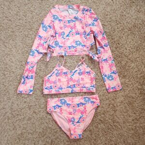 Angel Beach Swimwear 2 Tops and Bottom Pink Flower Pattern Girls 16